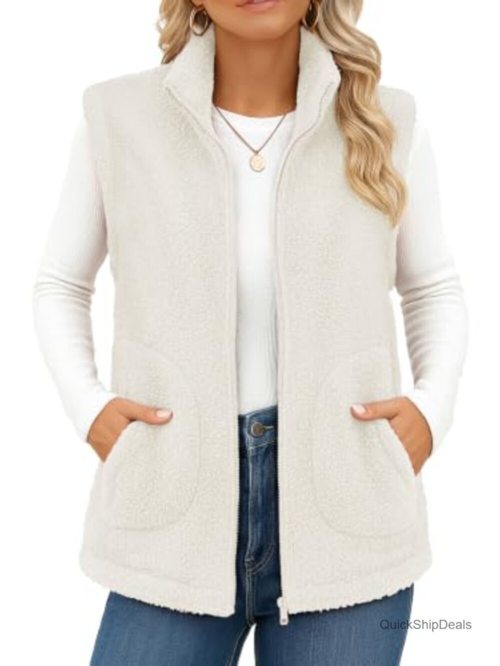 Women Sherpa Fleece Zip Vest Sleeveless Fuzzy Winter Outerwear